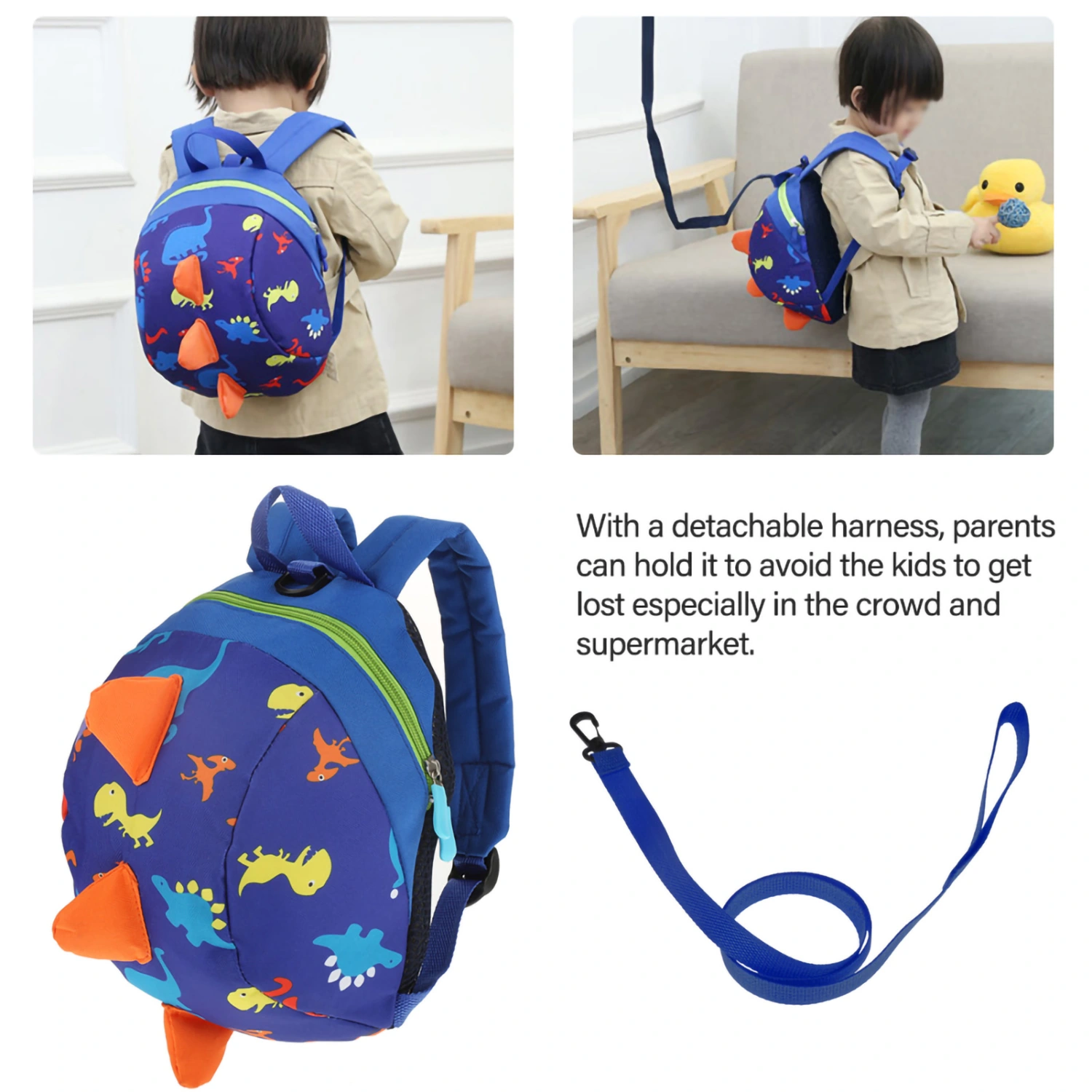 Cute Cartoon Dinosaur Baby Safety Harness Backpack Toddler Anti lost Bag Schoolbag (Dark Blue)