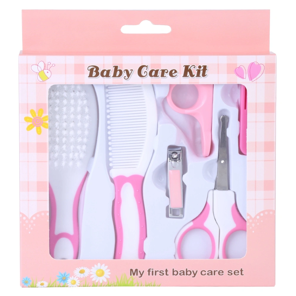 6pcs Convenient Daily Baby Nail Clipper Scissors Hair Brush Comb Manicure Care Kit Pink