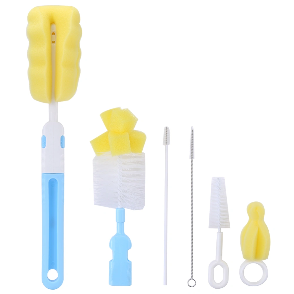 6Pcs Baby Bottle Nipple Brush Suit Set Flexible Rotating Sponge Head Cleaning Kit Blue