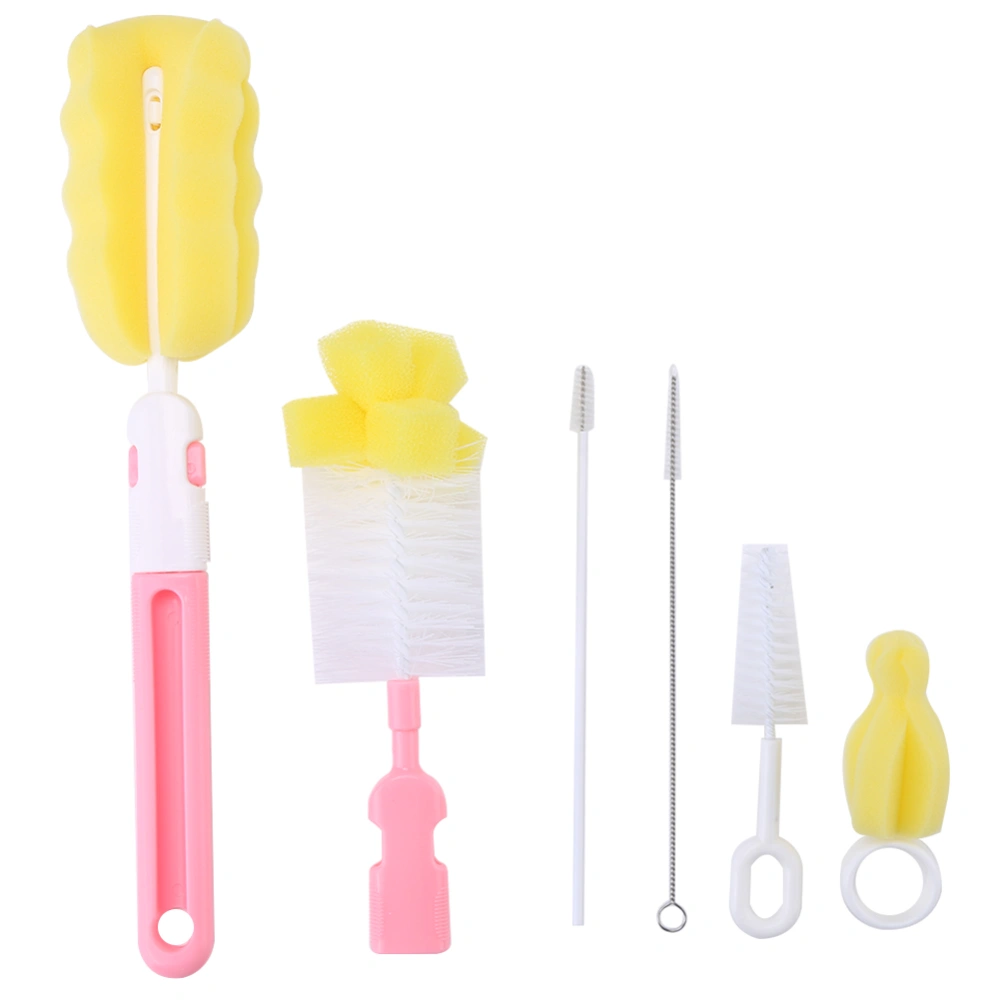 6Pcs Baby Bottle Nipple Brush Suit Set Flexible Rotating Sponge Head Cleaning Kit Pink