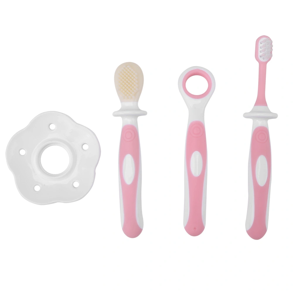 Baby Infant Soft Teether Training Toothbrush Teeth Care Cleaning Tongue Scraping Set (Pink)