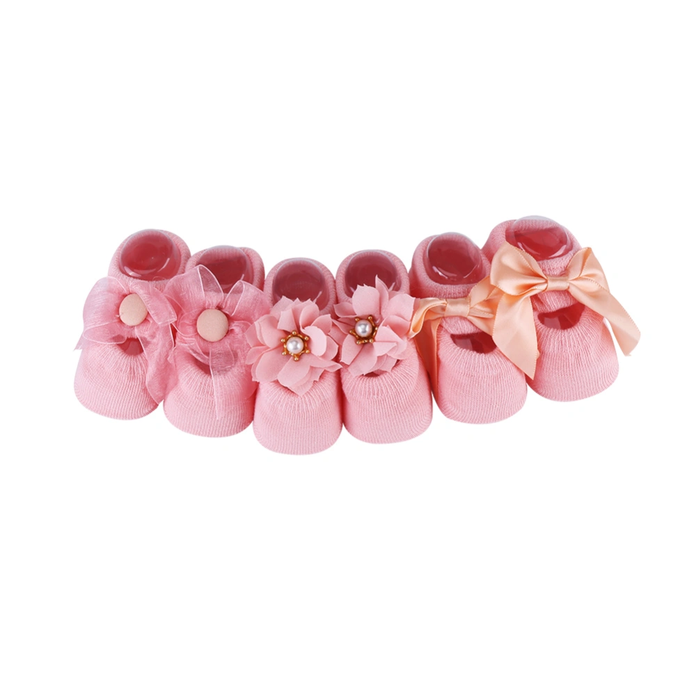 3 Pairs Set Cotton Anti slip Lace Flower Bow Floor Socks For Baby Toddler Pink M(1-3 Years Old)