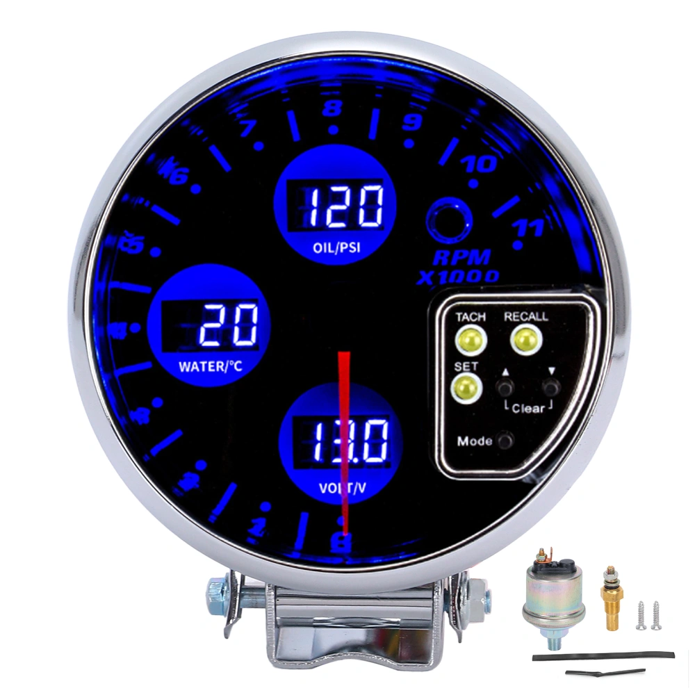 5in 4 In1 Water Temp Oil Pressure Gauge Voltmeter Tachometer Blue Backlight Red Pointer for 12V 4/6/8 Cylinder