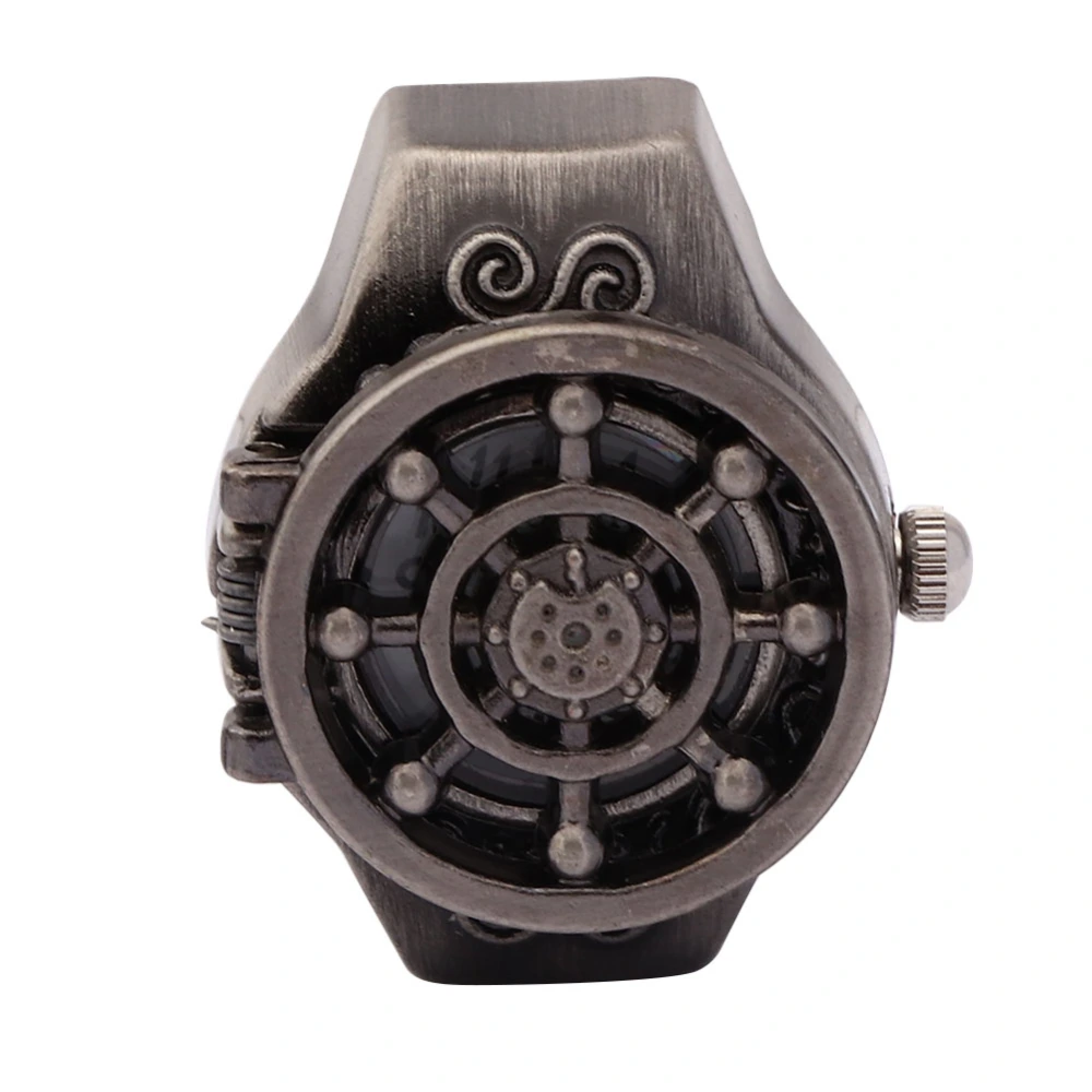 Finger Ring Watch Flip Up Cover Vintage Hollow Men Finger Ring Quartz Watch(Black )