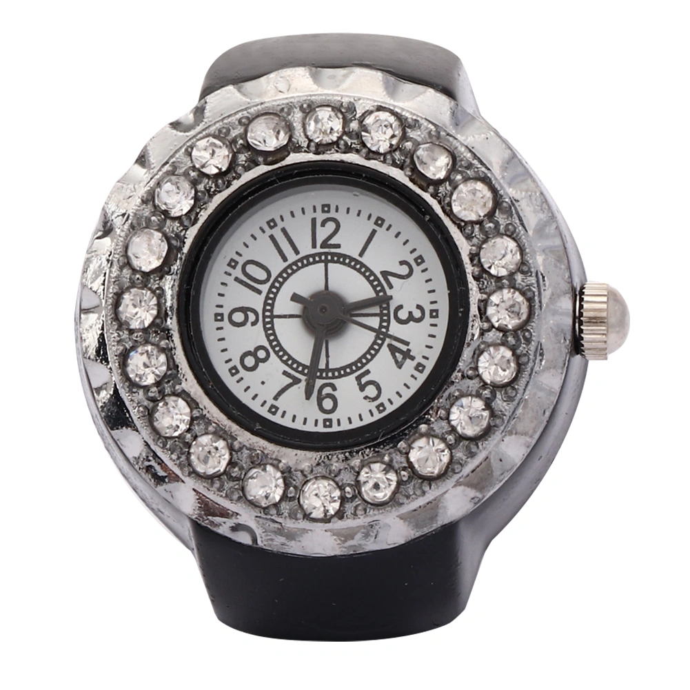 Finger Ring Watch Shining Rhinestone Decoration Quartz Ring Watch for WomenBlack