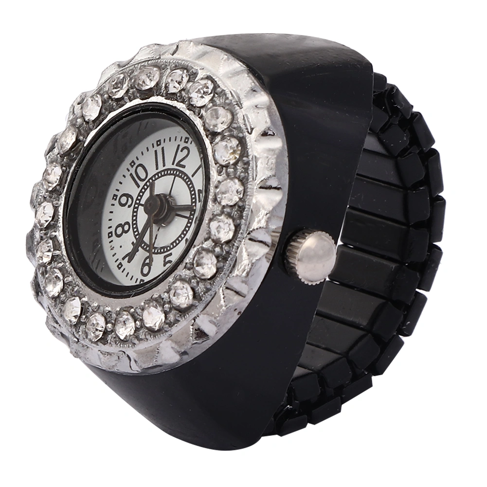 Finger Ring Watch Shining Rhinestone Decoration Quartz Ring Watch for WomenBlack