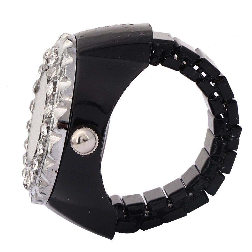 Finger Ring Watch Shining Rhinestone Decoration Quartz Ring Watch for WomenBlack