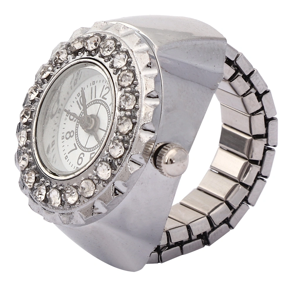 Finger Ring Watch Shining Rhinestone Decoration Quartz Ring Watch for WomenSilver