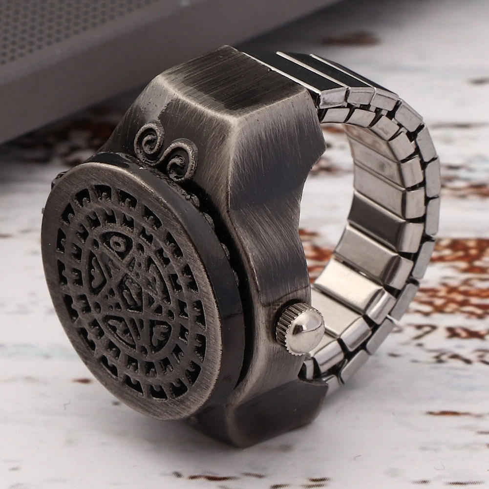 Finger Ring Watch Flip Up Cover Vintage Finger Quartz Ring Watch for Men Male(Black )