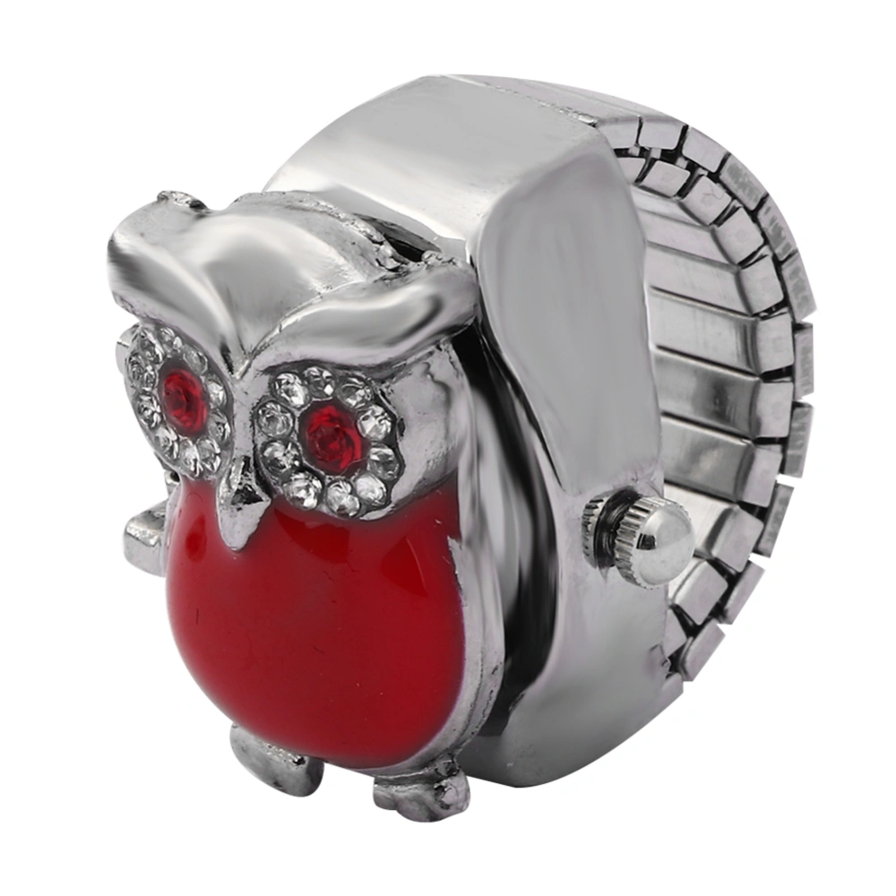 Finger Ring Watch Flip Up Cover Vintage Owl Pattern Unixes Finger Quartz Watch(Red )