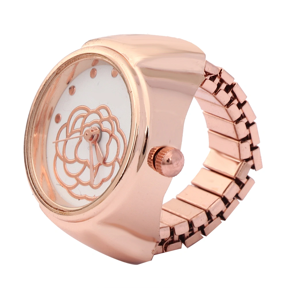 Finger Ring Watch Round Dial Rose Flower Pattern Women Finger Quartz WatchRose Gold