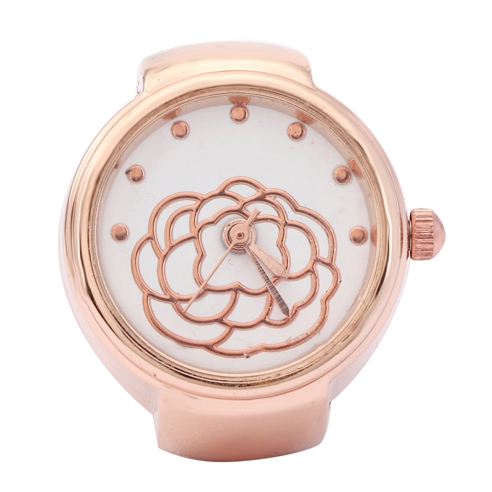 Finger Ring Watch Round Dial Rose Flower Pattern Women Finger Quartz WatchRose Gold