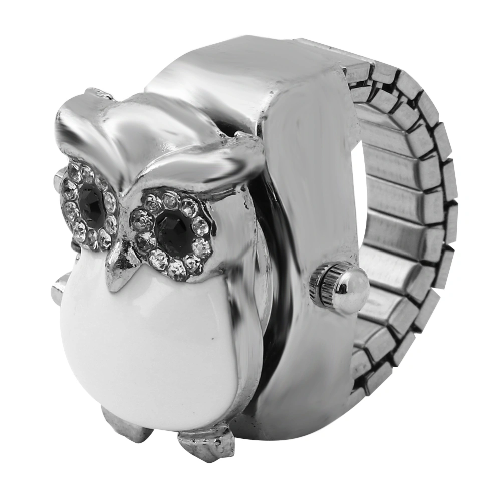 Finger Ring Watch Flip Up Cover Vintage Owl Pattern Unixes Finger Quartz Watch(White )