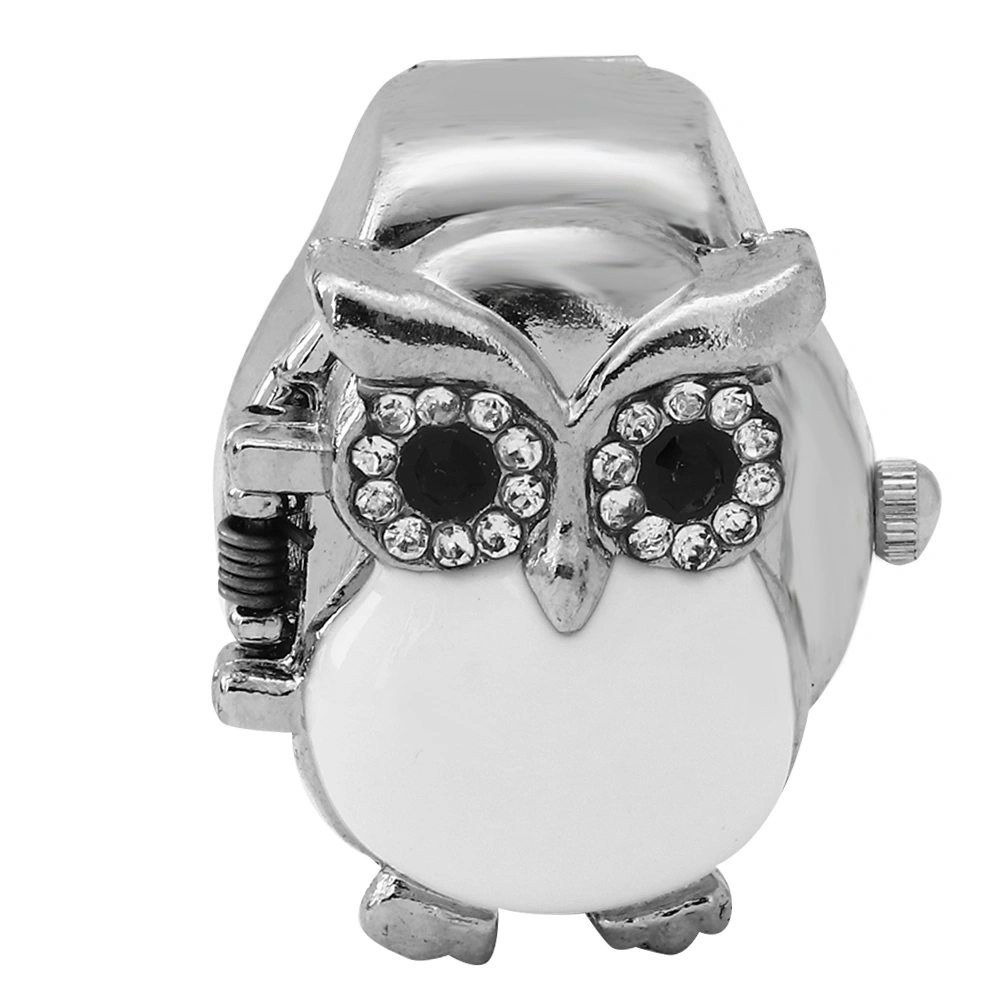Finger Ring Watch Flip Up Cover Vintage Owl Pattern Unixes Finger Quartz Watch(White )