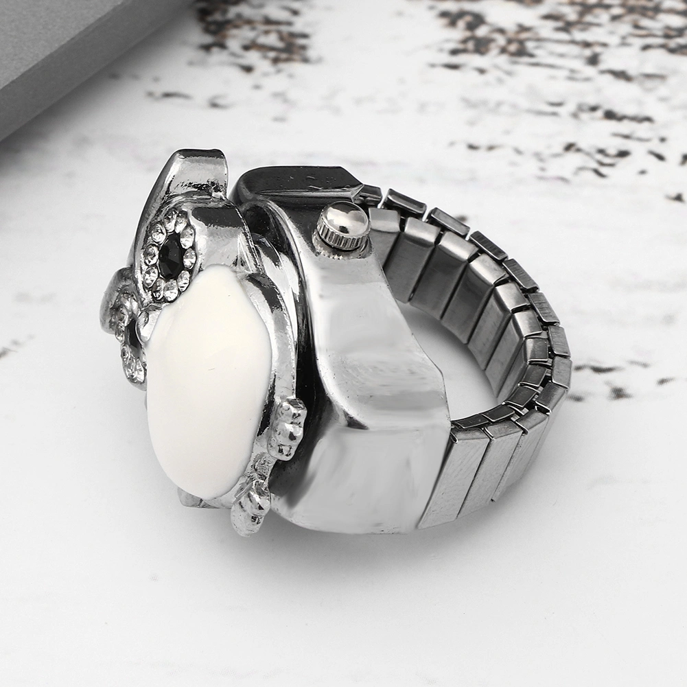 Finger Ring Watch Flip Up Cover Vintage Owl Pattern Unixes Finger Quartz Watch(White )