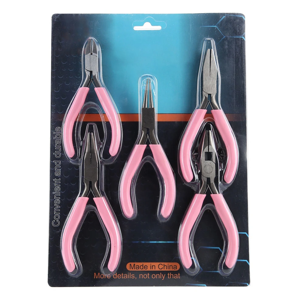 5pcs Mini Pink 4in Metal Pliers Set Kit Cutter Handwork Jewelry Crafts Tool