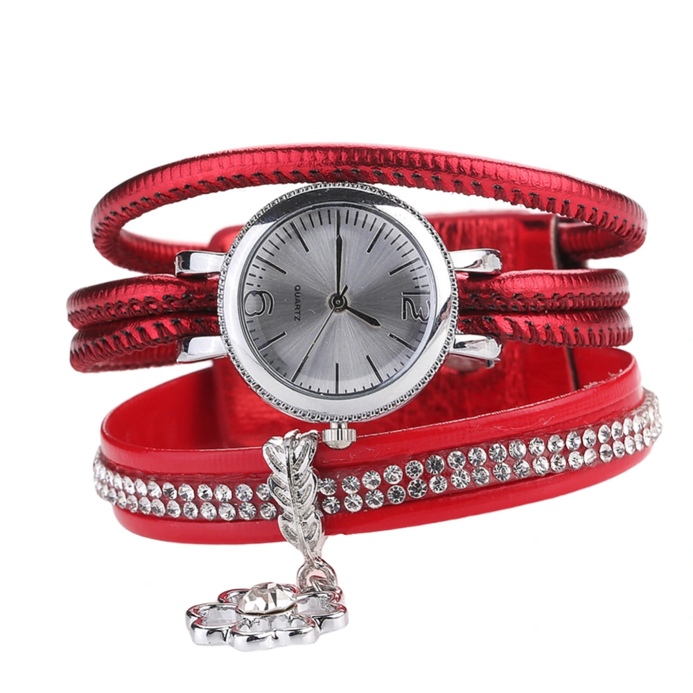 Fashion Women PU Leather Strap Quartz Exquisite Rhinestone Bracelet Watch (Red)