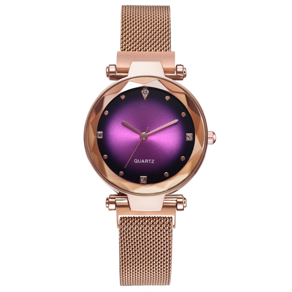 Rhinestone Decorated Quartz Watch Fashion Rose Gold Mesh Strap Wristwatch (Rose Red)