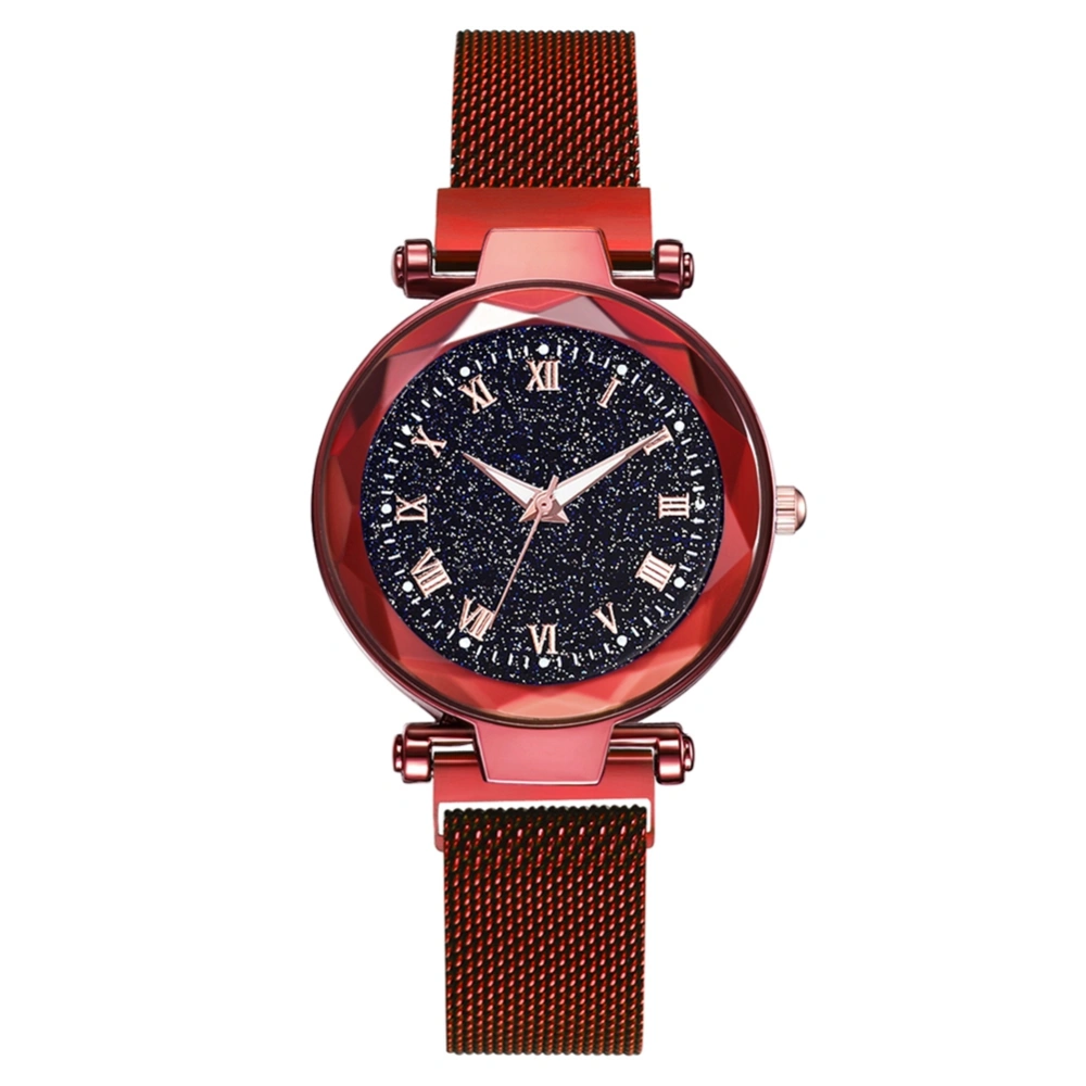 Fashionable Women Round Dial Roman Numerals Quartz Alloy Mesh Belt Wristwatch(Red)