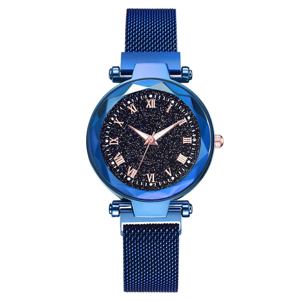 Fashionable Women Round Dial Roman Numerals Quartz Alloy Mesh Belt Wristwatch(Blue)