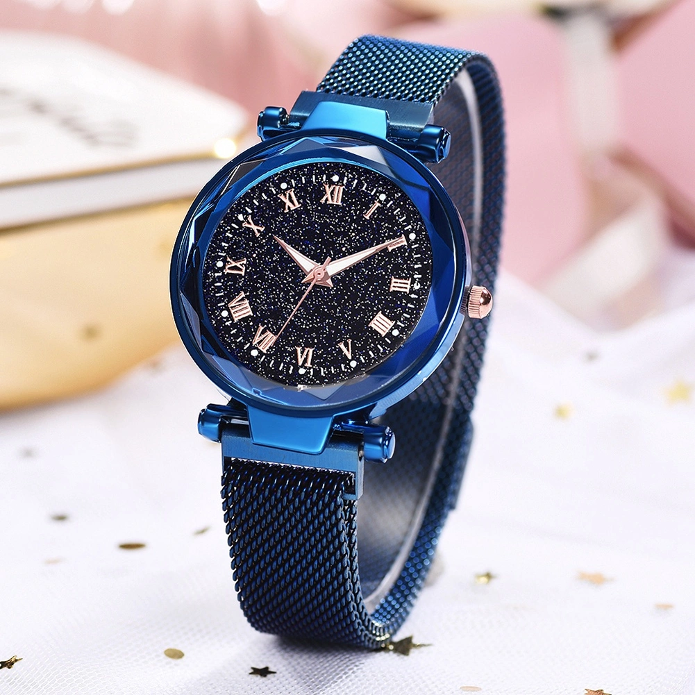 Fashionable Women Round Dial Roman Numerals Quartz Alloy Mesh Belt Wristwatch(Blue)