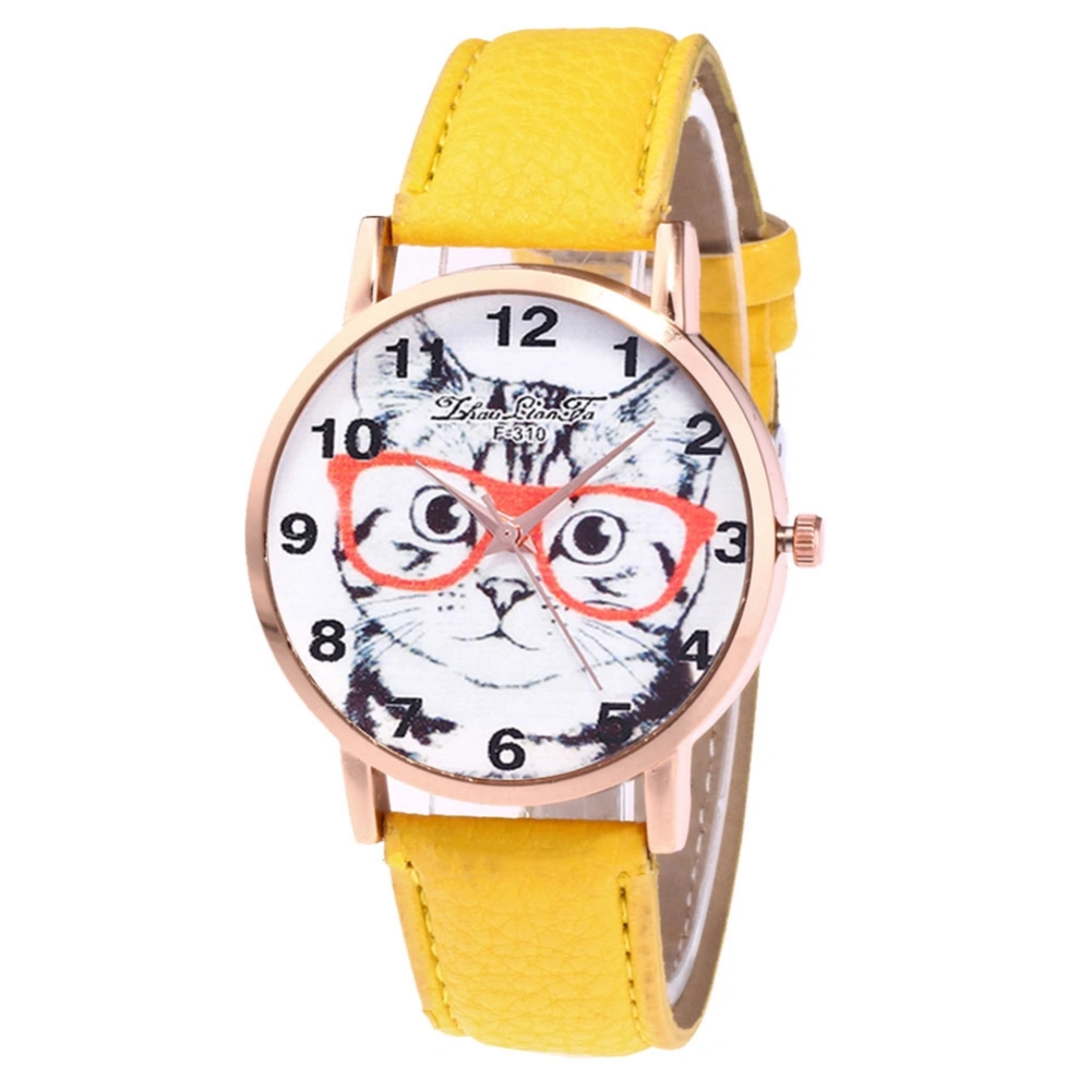 Fashionable Watch Round Leather Strap Round Dial Quartz Wristwatch Yellow