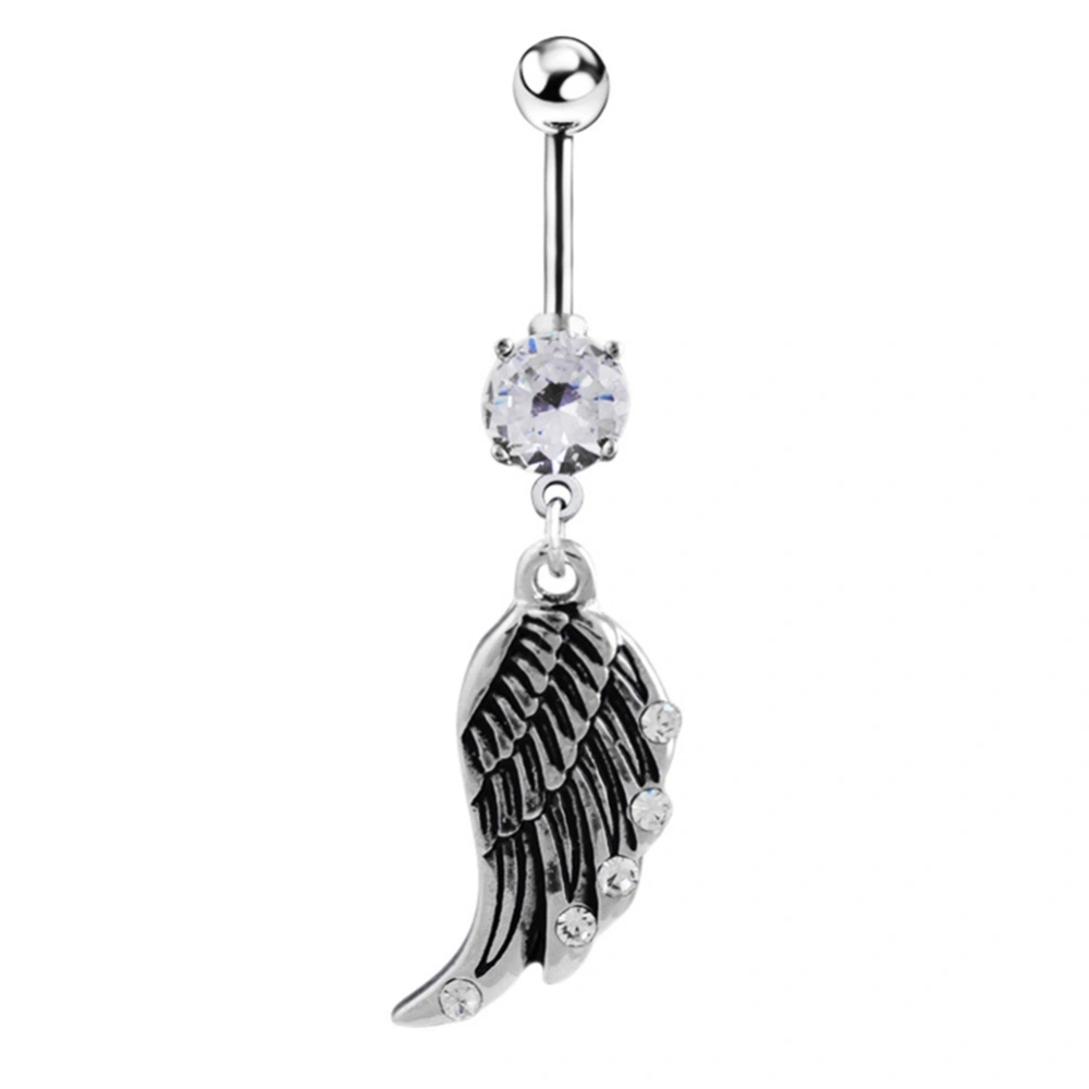 Vintage Stainless Steel Feather Shape Belly Ring with Rhinestone Decoration Piercing Jewelry