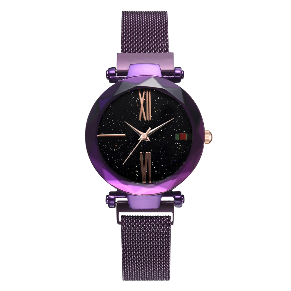 Fashion Alloy Mesh Belt Strap Quartz Watch Starry Sky Dial Pattern Female Watch (Purple)