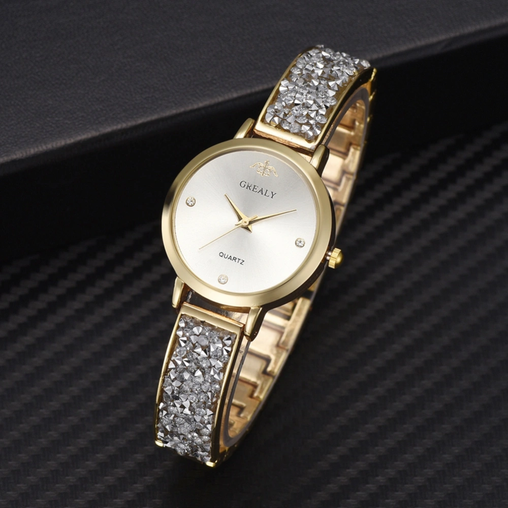 Fashion Women Female Alloy Strap Watch Rhinestone Decoration Quartz +Wristwatch(Gold+White)