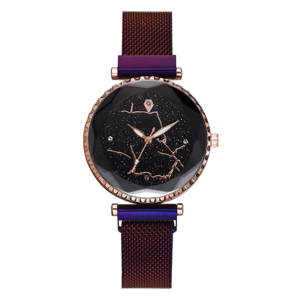 Vintage Women Lady Alloy Watch Mesh Strap Round Dial Quartz Wristwatch (Purple)