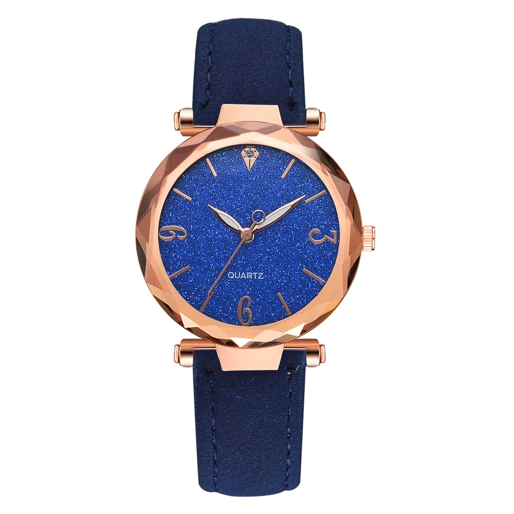 Elegant Women PU Leather Strap Quartz Watch Round Dial Alloy Wristwatch(Blue)