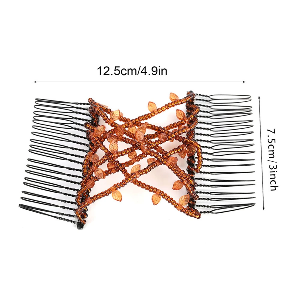 Leaves Beads Hair Magic Comb Clip Double Hairpin Women Hair Accessories (Coffee)