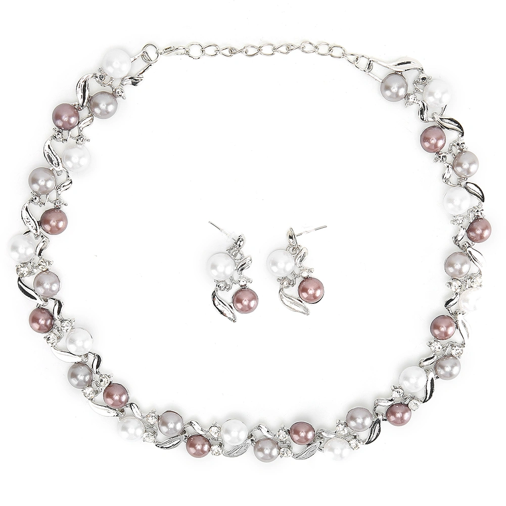 Women Faux Pearl Necklace Earrings Set Bridal Jewelry Set with Rhinestone (Silvery White)