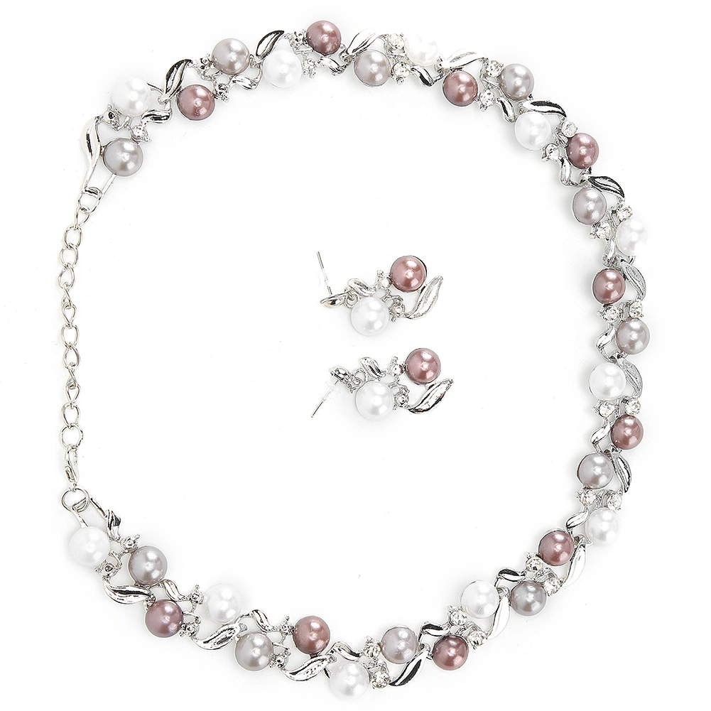 Women Faux Pearl Necklace Earrings Set Bridal Jewelry Set with Rhinestone (Silvery White)