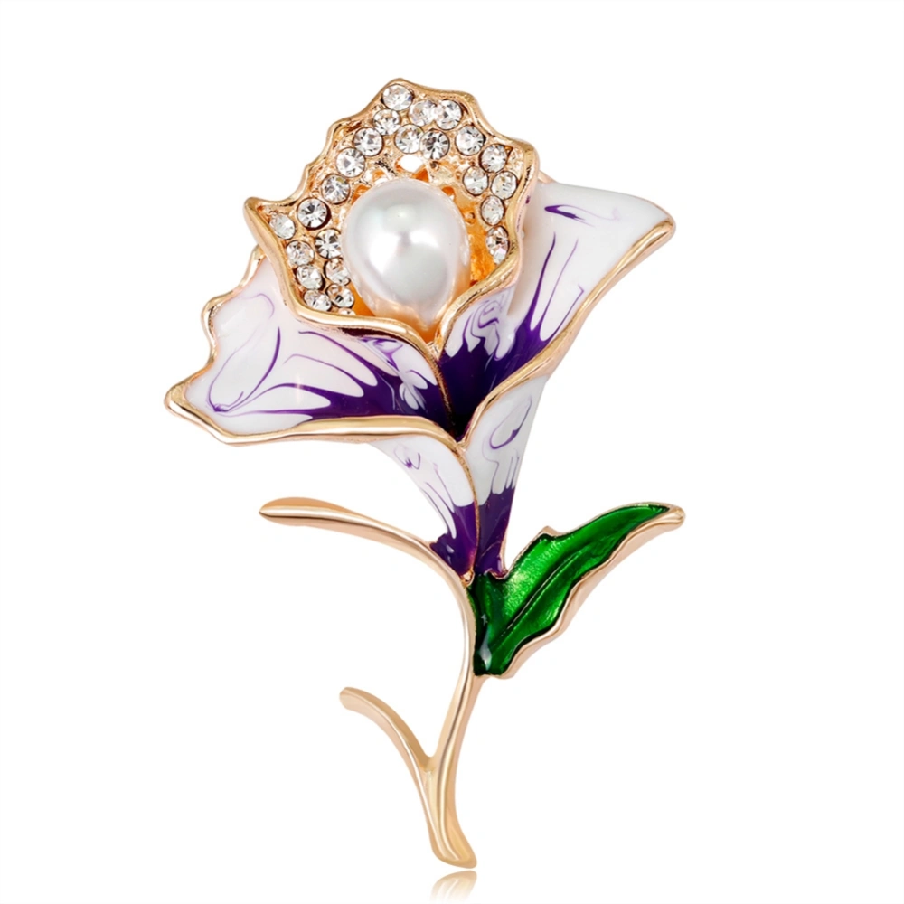 Exuqisite Dripping Oil Alloy Trumpet Sunflower Brooch Pin with Rhinestones Faux Pearl (Purple)