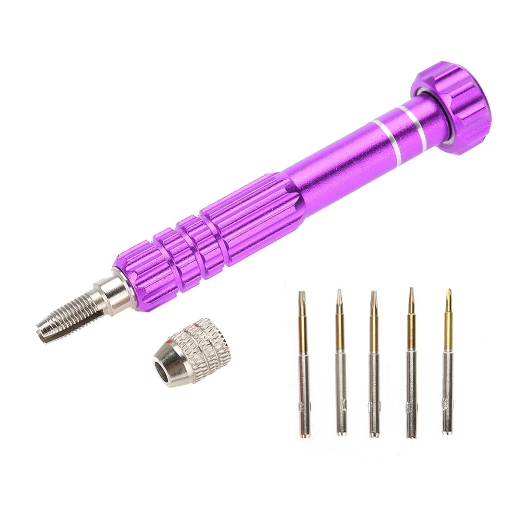 Screwdriver Handle With 5 Precision Bits Phone Glasses Watch Repair Tool Kit (Purple)