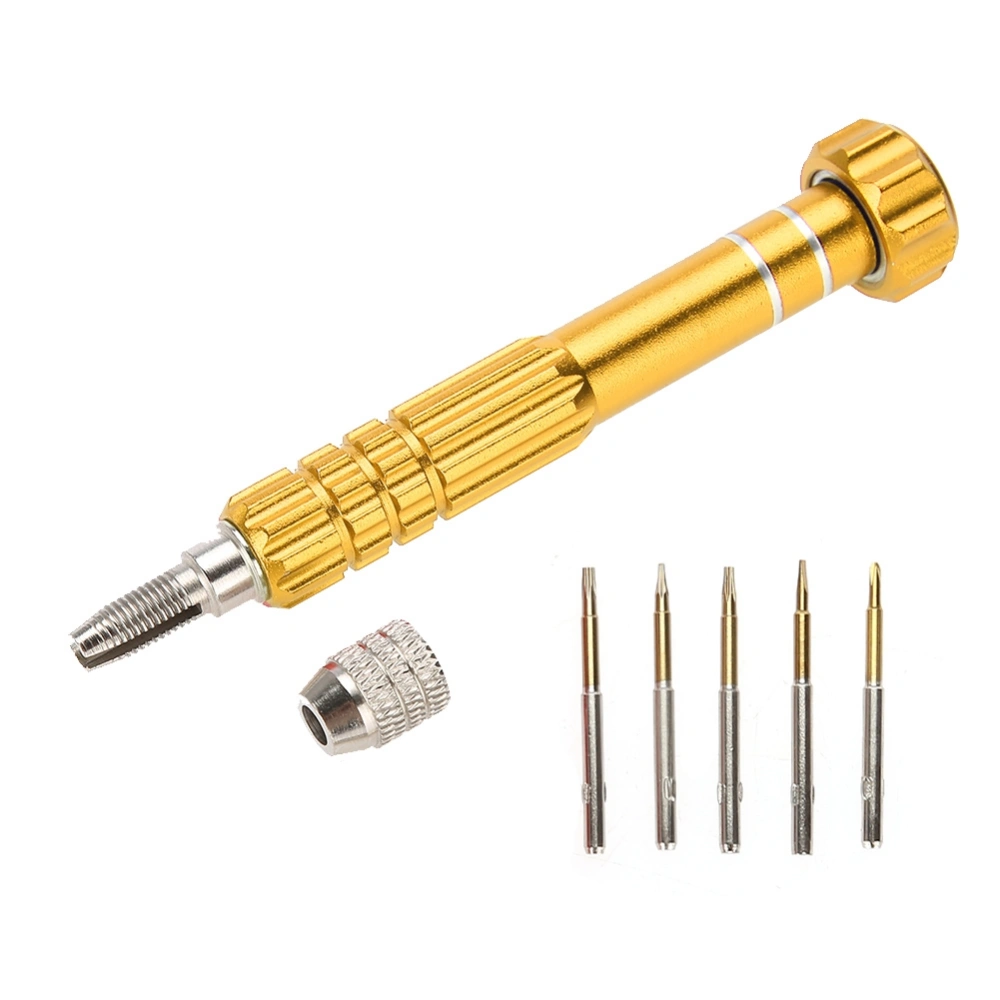 Screwdriver Handle With 5 Precision Bits Phone Glasses Watch Repair Tool Kit (Gold)