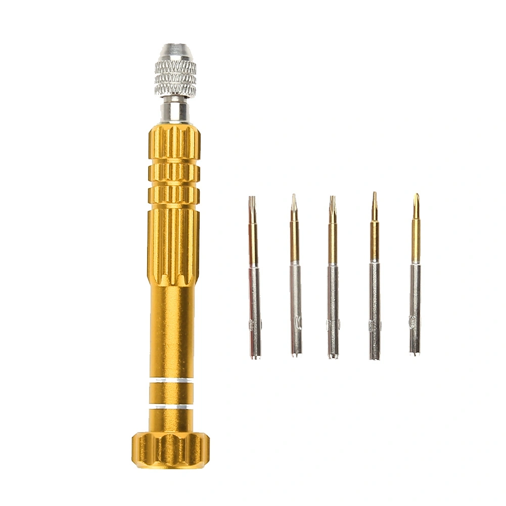 Screwdriver Handle With 5 Precision Bits Phone Glasses Watch Repair Tool Kit (Gold)