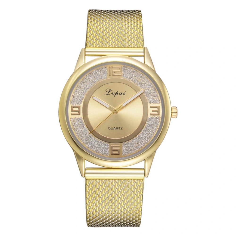 LVPAI Shinning Round Alloy Dial Quartz Watch Silicone Strap Female Wristwatch (Gold)