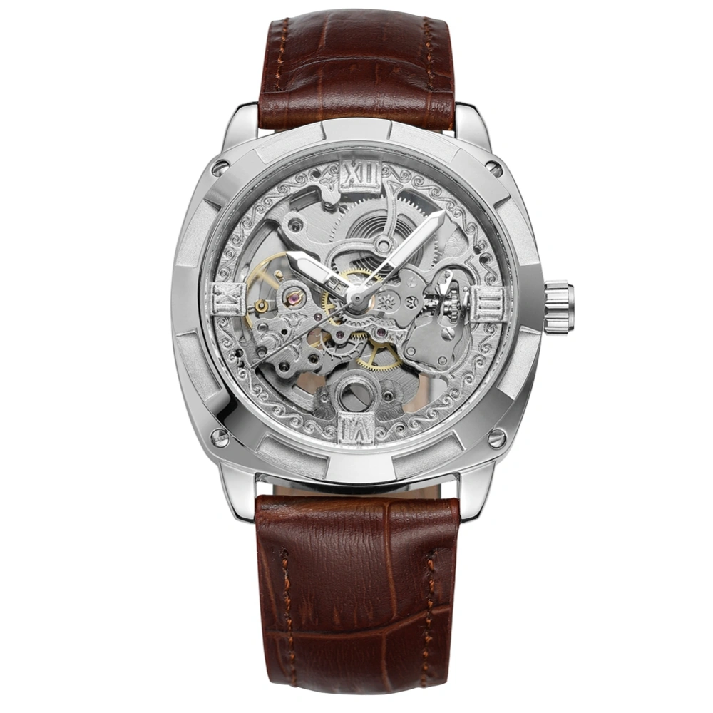 Fashionable Automatic Mechanical Watch PU Leather Strap Wristwatch for Male (Silver Brown)