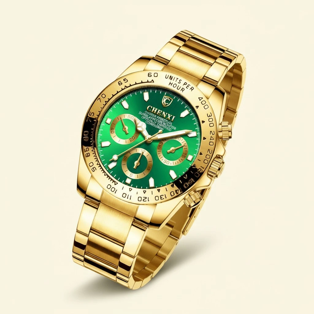 Fashionable Men Waterproof Gold Plating Business Quartz Wristwatch Watch(Green Dial)