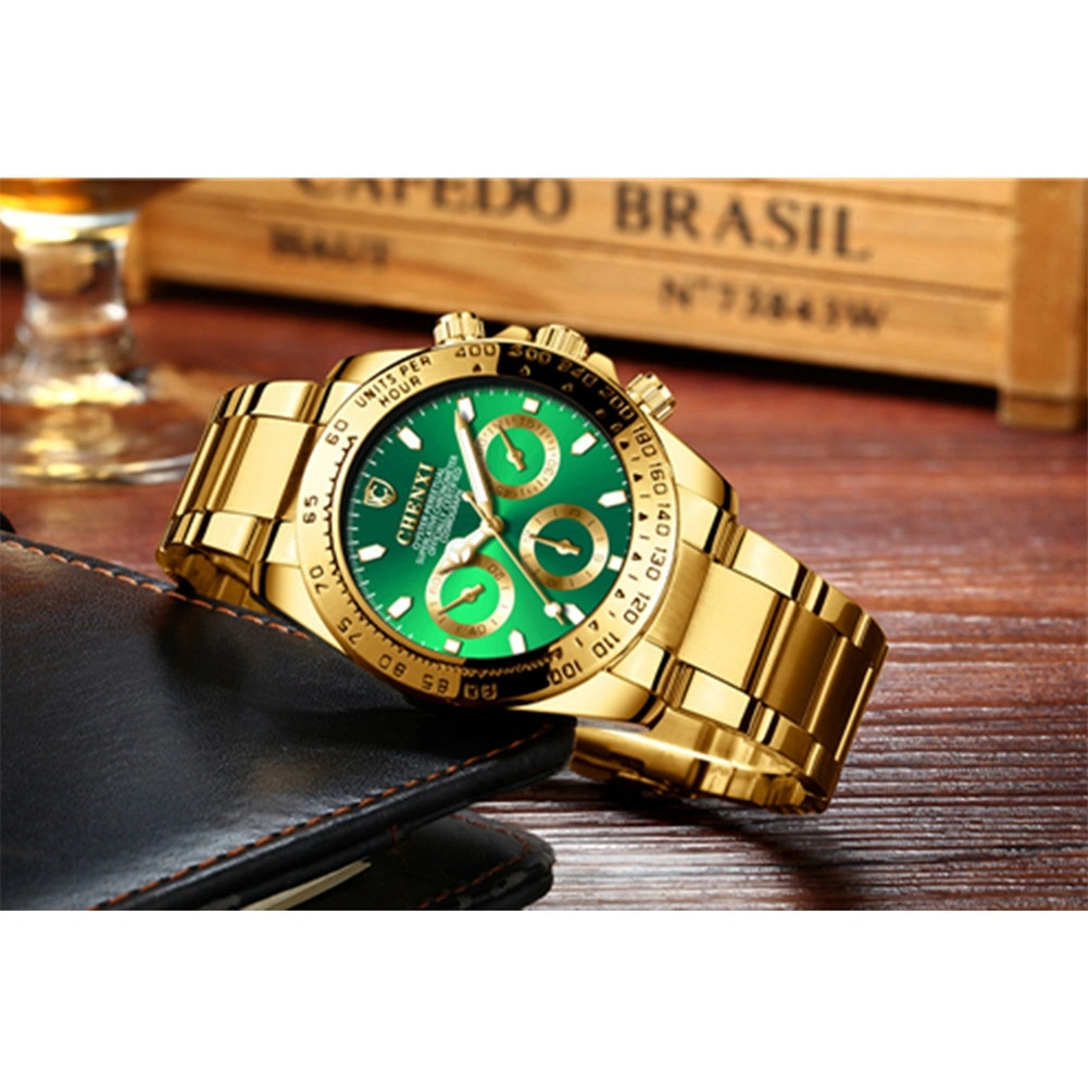 Fashionable Men Waterproof Gold Plating Business Quartz Wristwatch Watch(Green Dial)