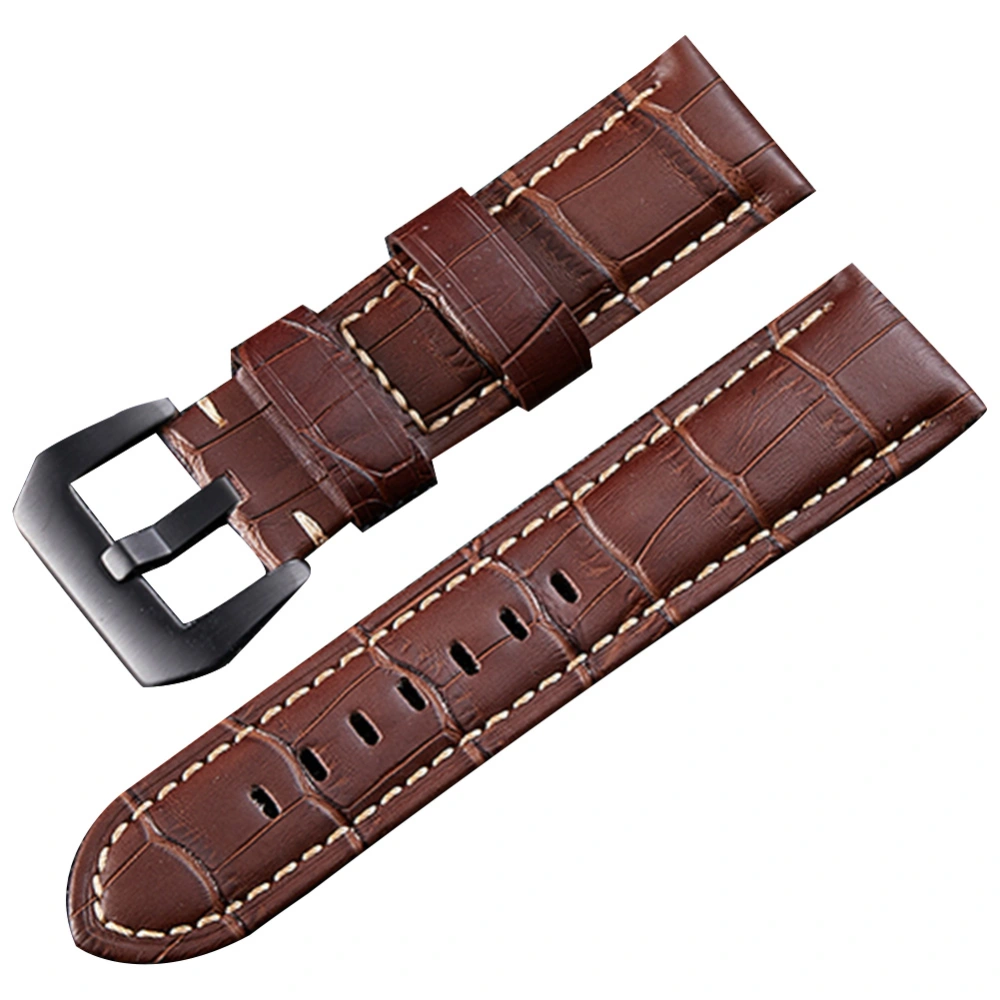 24mm Genuine Leather Watch Strap Pin Buckle Wristwatch Band (Brown Strap Black Buckle)