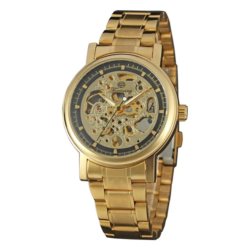 Forsining Fashion Hollow Men's Watch Stainless Steel Strap Male Wristwatch(Black + Gold)