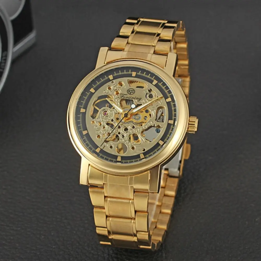 Forsining Fashion Hollow Men's Watch Stainless Steel Strap Male Wristwatch(Black + Gold)