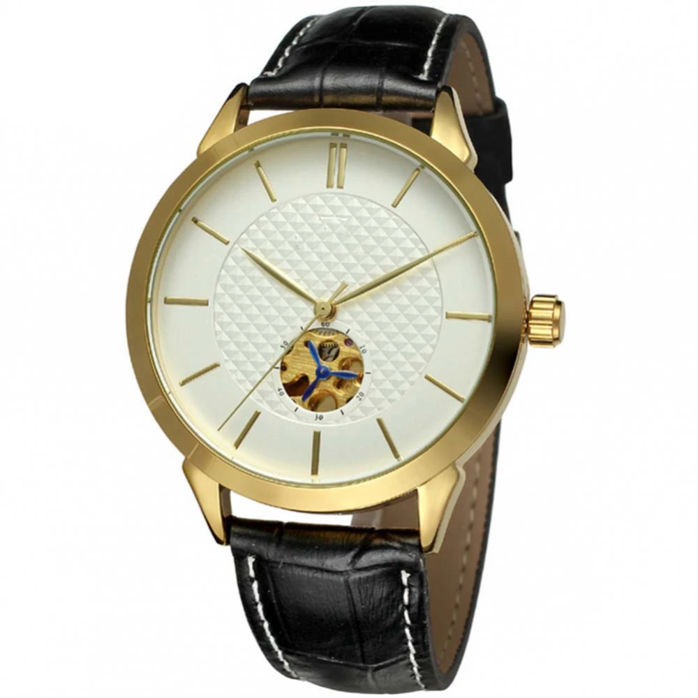 FORSINING Male Automatic Watch PU Leather Strap Analog Wristwatch(White Golden)