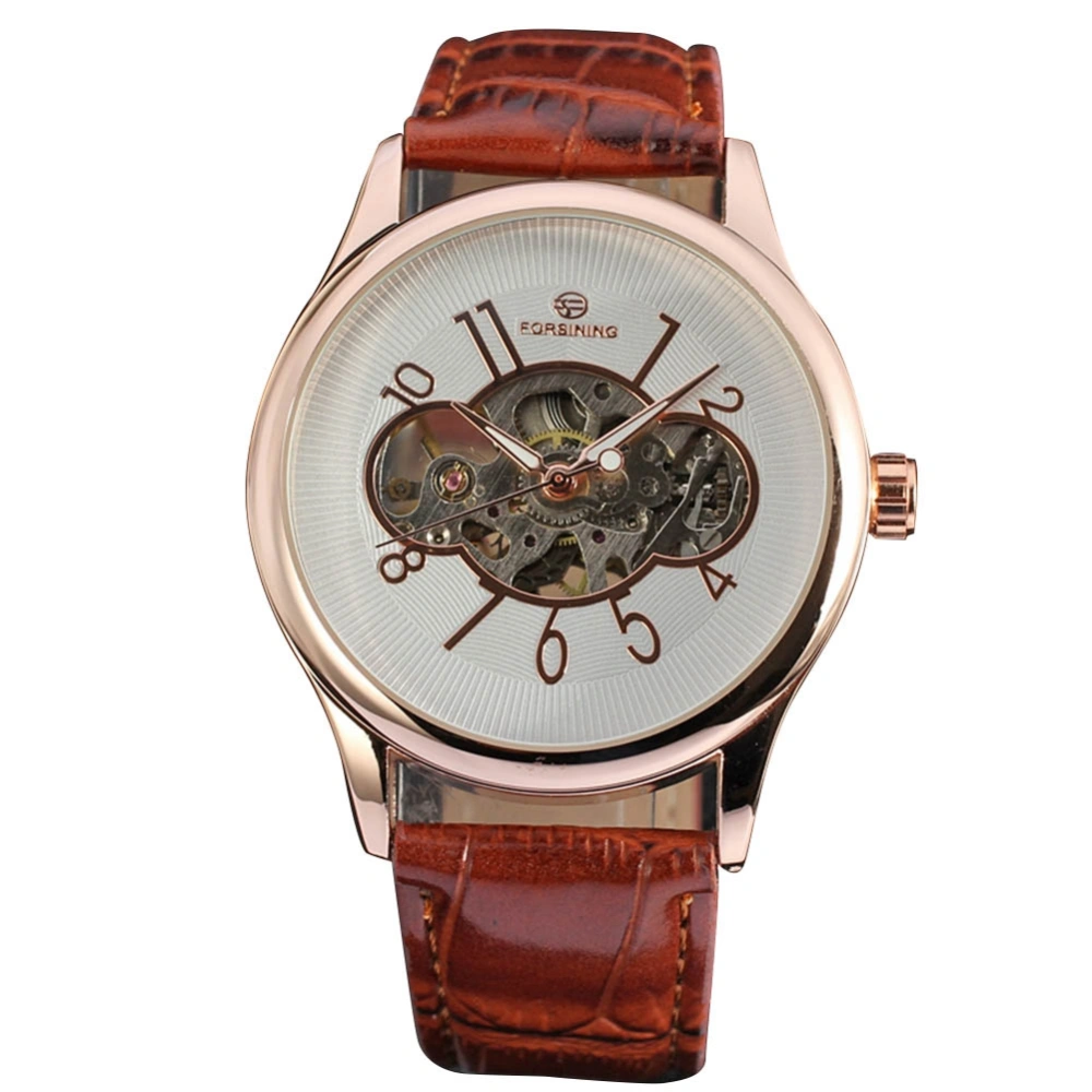 FORSINGING Hollow Out Mechanical PU Leather Strap Male Watch (White Rose Gold)