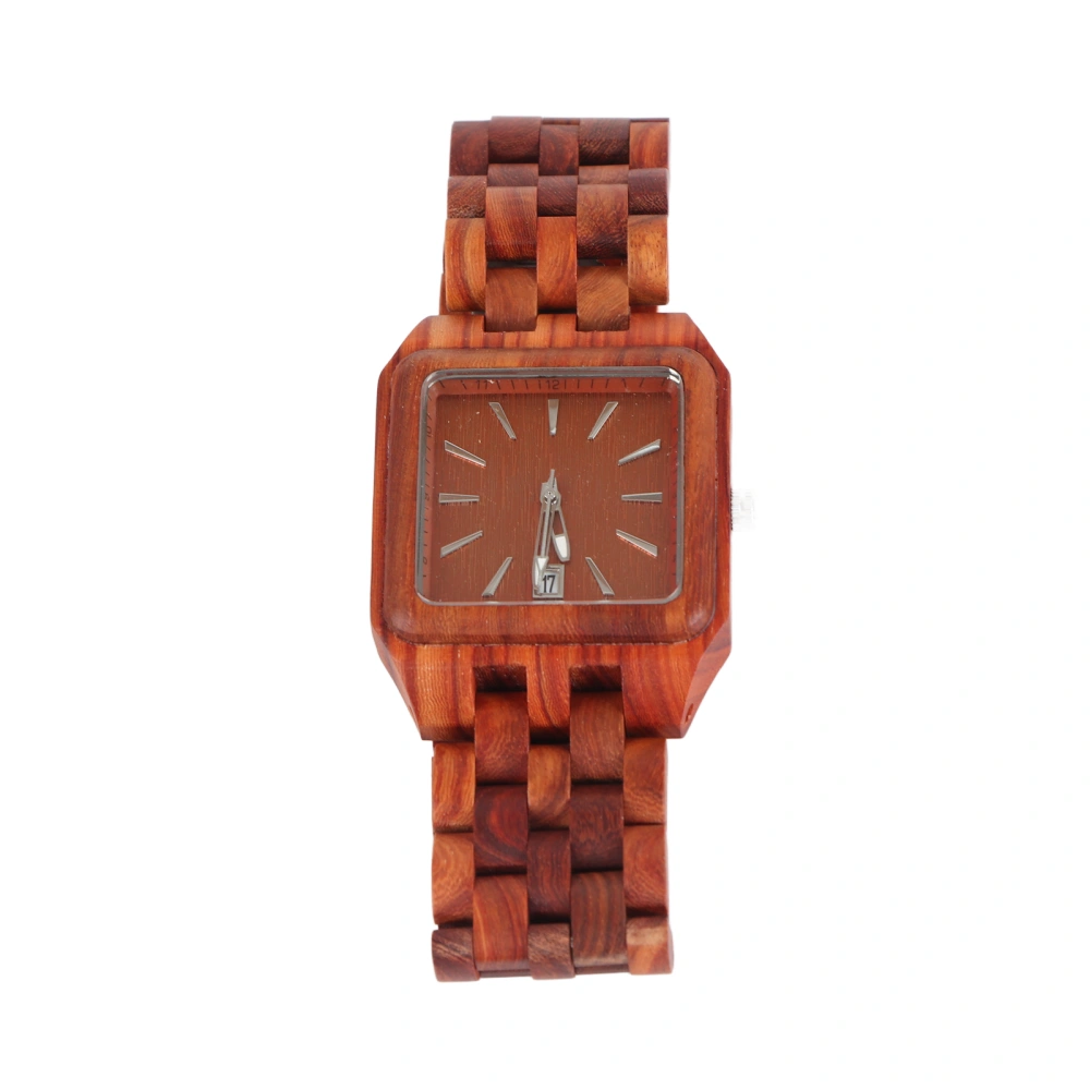 Geometric Dial Sandalwood Watch Calendar Quartz Movement Analog Wristwatch Red Sandalwood