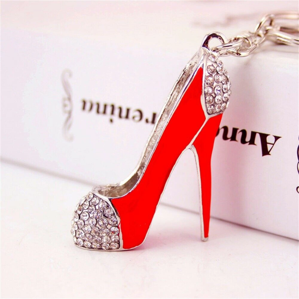 Fashionable Key Ring High heeled Shoe Shape Pendant Rhinestone Decoration Keychain (Red)