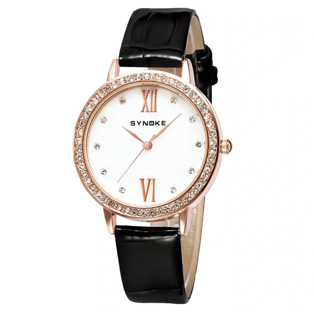 Casual Women Rhinestones Waterproof PU Leather Strap Quartz Watch Wristwatch (Black)